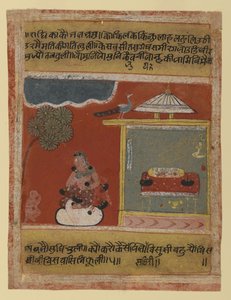 Radha længes efter sin elskede, side fra en dateret Rasikapriya-serie, 1634 (ugennemsigtigt wc & guld på papir) af Indian School