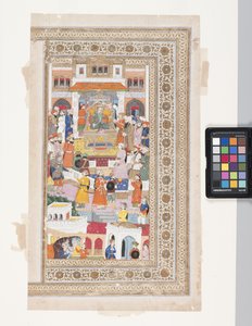 Raja With Courtiers (pen, blæk, gouache og bladguld på pergament) af Indian School