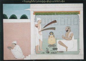 Rajah Bulwant Singh udfører Puja, ca. 1750 (blæk og farvet vask på papir) af Indian School