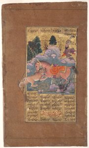 Rakhsh kæmper mod løven for at beskytte Rustam, ca. 1610 (ugennemsigtigt wc & guld på papir) af Indian School