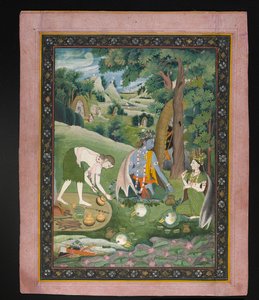 Rama, Lakshmana og Sita laver mad og spiser i vildmarken, ca. 1820 (gouache med guld på papir) af Indian School