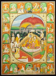 Rama og Sita Enthroned, tilbedt af Shiva, Hanuman og andre, 1800-20 af Indian School