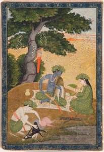 Rama, med Sita og Lakshmana i skoven, fra Ramayana, ca. 1790 (ugennemsigtigt wc & guld på papir) af Indian School
