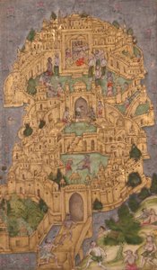 Ravanas gyldne citadel i Lanka, ca. 1610 (ugennemsigtigt wc & guld på papir) af Indian School
