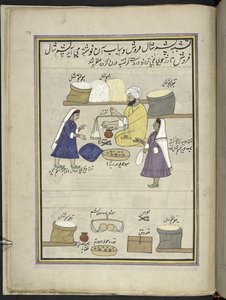 Rå sjaluld bliver distribueret til kvinder til spinding,  86 tegninger indbundet i et bind, der viser håndværk og erhverv i Kashmir, håndværkere vises i arbejde med deres redskaber og udstyr,  Af en Kashmir-kunstner, sandsynligvis i Srinagar, ca. 1850-60 ( af Indian School