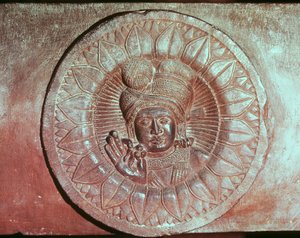 Relief, der viser en lotusblomst med hovedet af en mand, fra en buddhistisk stupa fra Bharhut, Madhya Pradesh, Sen Mauryan Periode, Sunga-dynastiet (180-72 f.Kr.)