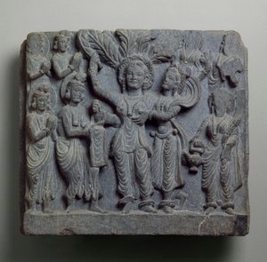 Relief, der viser Buddhas fødsel, Gandhara, sandsynligvis Sikri, 2.-3. århundrede (skifer) af Indian School
