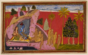 Rāma og Lakṣmaṇa, der sidder på et løveskind, glæder sig over Hanumāns nyheder og Sītās juvel, men er bedrøvede over hendes situation og finder trøst hos Sugrīva. 1653 (miniature) af Indian School