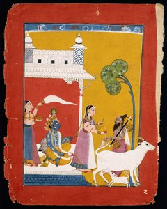Rukmini tilbyder vand til vismanden Narada, mens hendes ægtefælle Krishna sidder i hendes hus, ca. 1725-1730 af Indian School