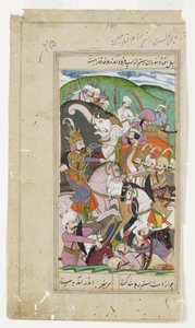 Rustam slæber Khaqan fra Kina og trækker ham fra sin hvide elefant, ca. 1790 (ugennemsigtig akvarel og guld) af Indian School
