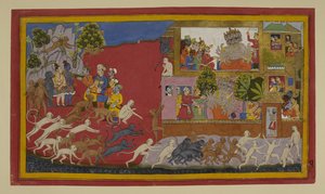 Rāvaṇa bedrager Sītā med et falsk hoved; aberne spejder efter Laṅkā af Indian School