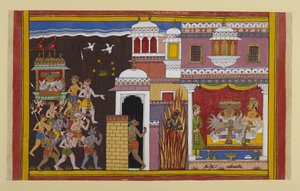 Rāvaṇa møder Bali i et palads bevogtet af Viṣṇu, som forsvinder og skåner ham indtil videre. af Indian School