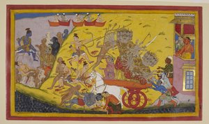 Rāvaṇa sårer Lakṣmaṇa; Hanumān slår Rāvaṇa og redder Lakṣmaṇa. af Indian School