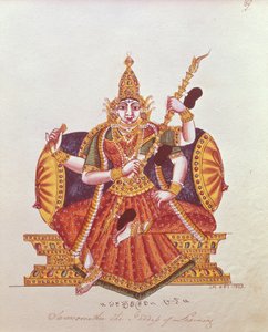 Saratheswathee, hinduistisk læringsgudinde, med singalesisk og engelsk inskription (wc på papir) af Indian School