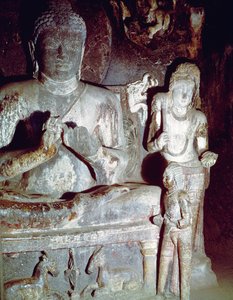 Siddende Buddha laver den første undervisningsgest fra Caitya Hall of Cave 10