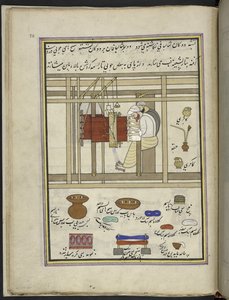Sjal-vævere, der væver sjaler på en væv,  86 tegninger indbundet i et bind, der viser håndværk og erhverv i Kashmir, håndværkere vises i arbejde med deres redskaber og udstyr,  Af en Kashmir-kunstner, sandsynligvis i Srinagar, ca. 1850-60 (gouache på papir af Indian School