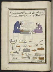 Skomager og hans kone laver en tøffel,  86 tegninger indbundet i et bind, der viser håndværk og erhverv i Kashmir, håndværkere vises i arbejde med deres redskaber og udstyr,  Af en Kashmir-kunstner, sandsynligvis i Srinagar, ca. 1850-60 (gouache på pap af Indian School