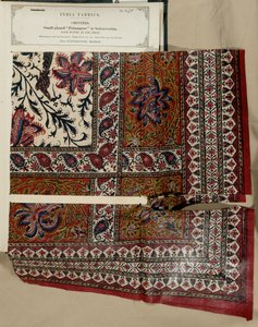 Lille glaseret palampore eller sengedæksprøve fra Masulipatam i Madras, fra The Collection of the Textile Manufacturers of India, af John Forbes Watson, udgivet i 1866 af Indian School