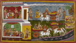 Sītā besøger sammen med Lakṣmaṇa eremitterne og hviler sig i en af dem ved Gaumati-floden. af Indian School