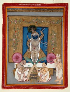 Tilbedelsen af Krishna som Shrinath ji, 1800-25 (ugennemsigtigt wc & guld på papir) af Indian School