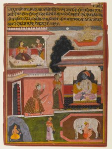 Heltinden hvis begær er tilsyneladende, side fra en Rasikapriya-serie, ca. 1660-1690 (ugennemsigtigt wc og guld på papir) af Indian School