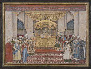 Mughal-kejseren Bahadur Shah II i Darbar, 1839 (ugennemsigtigt wc & guld på papir) af Indian School