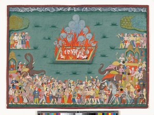 The Sati of Ramabai, hustru til Madhavrao Peshwa, ca. 1772-75 (akvarel og guld på papir) af Indian School
