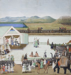 Den tyrkiske sultan Bayazid bragt til fange før Timur, ca. 1850 (ugennemsigtigt wc & guld på papir) af Indian School