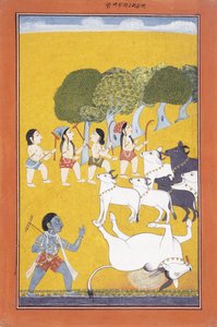 Den unge Krishna dræber dæmonen Vatsasura, der kom i skikkelse af en kalv, ca. 1730-1740 af Indian School