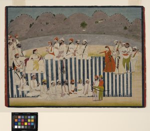 Bahadur Singhs søn ser på en nautch, ca. 1800 (ugennemsigtig akvarel og guld på papir) af Indian School