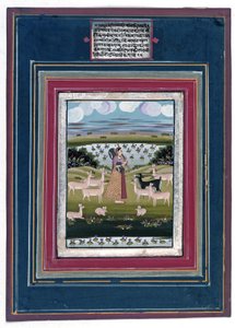 Todi ragini - En dame, der spiller en vina i et landskab med dyr, 1810-20 af Indian School