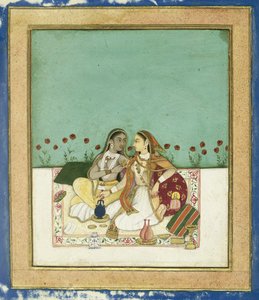 To kvinder på en terrasse, efter 1700 (ugennemsigtigt wc og guld på papir) af Indian School