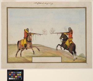 To beredne soldater udveksler riffelild, ca. 1830 (ugennemsigtig akvarel og guld på papir) af Indian School