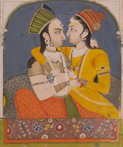 To dronninger deler en drink, fra Lovers omfavnelse i en alkove, ca. 1780 (ugennemsigtigt wc & guld på papir) af Indian School