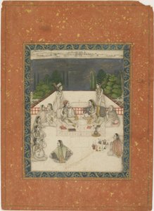 To kvinder siddende på en terrasse, omgivet af ledsagere og musikere, ca. 1650 (ugennemsigtigt wc & guld på papir) af Indian School