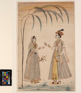To kvinder under et træ, ca. 1750 (ugennemsigtig akvarel og guld på papir) af Indian School