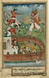 En dæmon angriber et fort forsvaret af europæiske tropper - Indiske dæmoner angriber fort forsvaret af europæiske tropper - Indisk kunst - ca. 1790 - Akvarel på papir - 24x15,3 - Privat Samling af Indian School