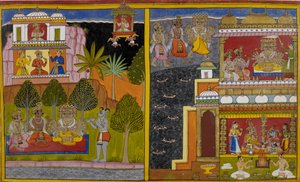 Vaisravana rejser til Kailāsa-bjerget, da Rāvaṇa indtager Lanka af Indian School