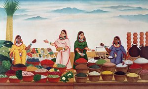 Grøntsags- og krydderimarked i Benares, ca. 1840 af Indian School