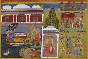 Viṣṇu hviler med Lakshmi, da Rāvaṇa falder, og bortfører derefter kvinder i sin vogn af Indian School