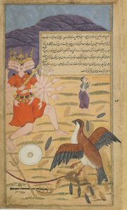 Vol.1 fol.132 Gribben Jatayus hører Sitas bøn og kæmper mod Ravana (ugennemsigtig akvarel, blæk og guld på papir) af Indian School