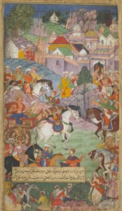Vol.1 fol.20 Dasaratha drager ud mod Angada for at invitere Rsyasrnga til sin bolig (ugennemsigtigt wc, blæk og guld på papir) af Indian School