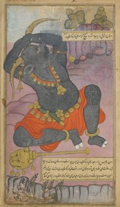 Vol.2 fol.208 Kumbhakarna gaber, mens han er vækket fra søvnen (ugennemsigtig akvarel, blæk og guld på papir) af Indian School