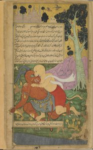 Vol.2 fol.220 Sugriva opnår sin frihed ved sin pludselige lemlæstelse af Kumbhakarna (ugennemsigtig akvarel, blæk og guld på papir) af Indian School