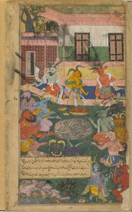 Vol.2 fol.246 Indrajita ofrer for at sikre sejren over Rama og Laksmana (ugennemsigtig akvarel, blæk og guld på papir) af Indian School