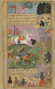 Vol.2 fol.253 Vibhisana formaner aberne til at fuldføre deres sejr over raksasas ved at dræbe Indrajita og hans styrker (ugennemsigtig akvarel, blæk og guld på papir) af Indian School