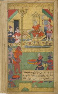 Vol.2 fol.273 Vibhishana er installeret som konge af Lanka (ugennemsigtig akvarel, blæk og guld på papir) af Indian School