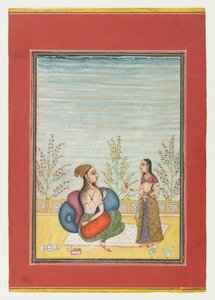 Kvinde og ledsager, ca. 1700-10 (ugennemsigtigt wc & guld på papir) af Indian School