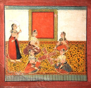 Kvinder, der spiller Parcheesi, siddende på et gulmønstret gulvspredning, ca. 1725 (ugennemsigtigt wc & guld på papir) af Indian School