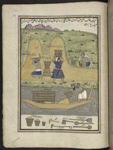 Arbejdere, der udgraver jord og transporterer det,  86 tegninger indbundet i et bind, der viser håndværk og erhverv i Kashmir, håndværkere vises i arbejde med deres redskaber og udstyr,  Af en Kashmir-kunstner, sandsynligvis i Srinagar, ca. 1850-60 (gouach af Indian School